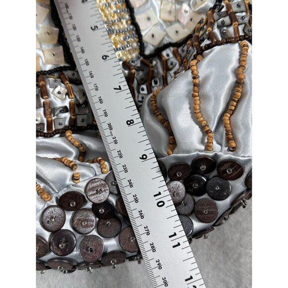 Handcrafted Statement Silver Satin Purse with Buttons & Beads Embellishments - Picture 9 of 16